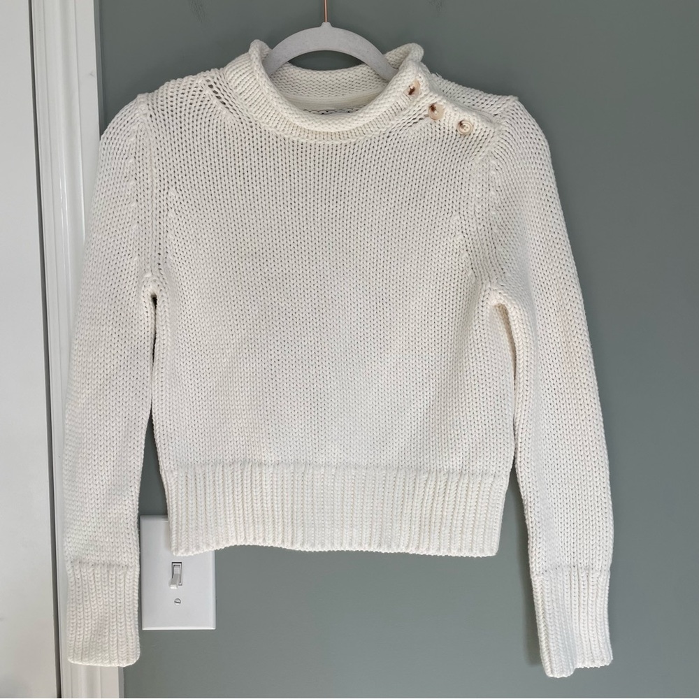 LAKE "Jane" 100% Cotton Roll Neck Button White Knit Pullover Sweater